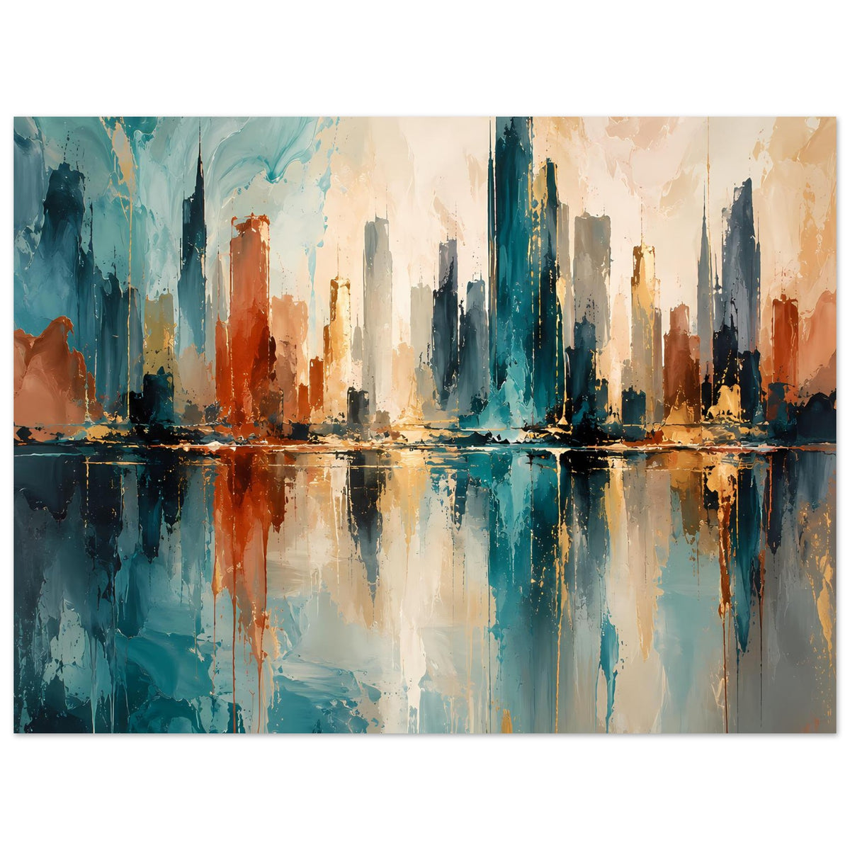 Abstraktes Skyline-Poster, breite Komposition mit reflektierendem Wasser, Blau, Gold, Rost
