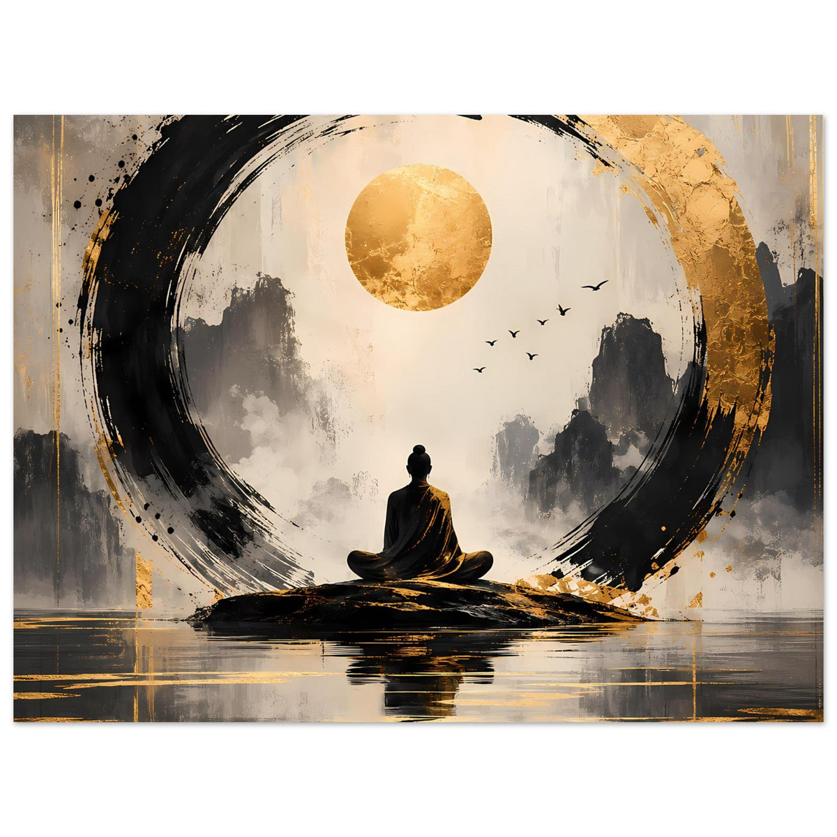 Meditationsposter mit sitzender Figur, goldenem Mond, schwarzem Pinselkreis und Reflexion am Boden