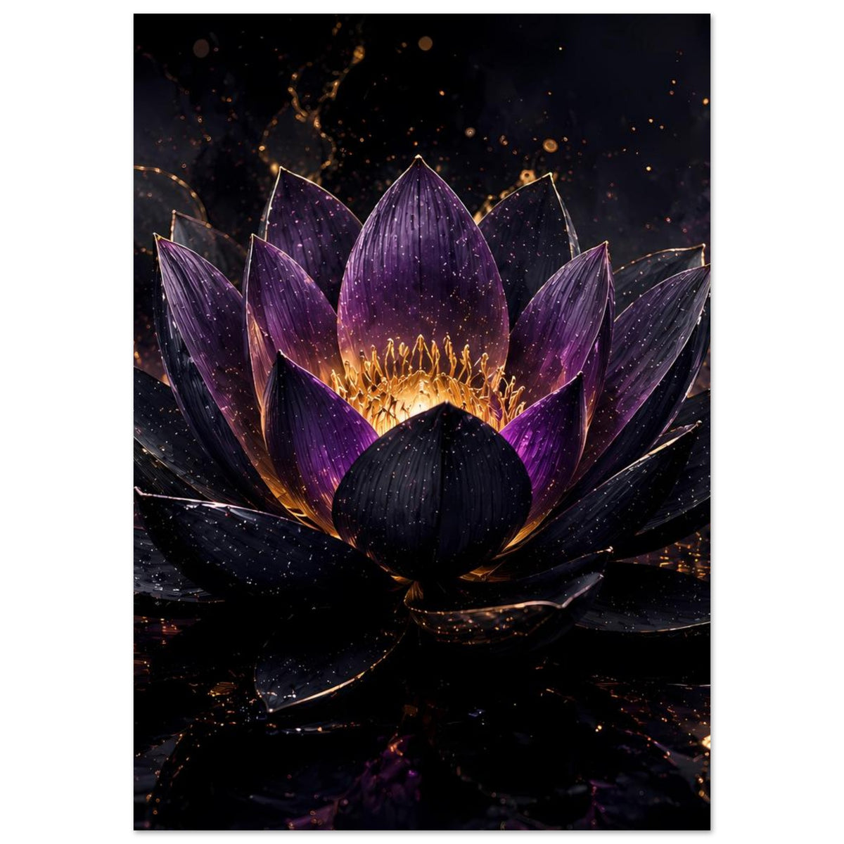 Poster mit Lotusblüte in Dunkelviolett und Gold, umgebende Blütenblätter im Fokus.