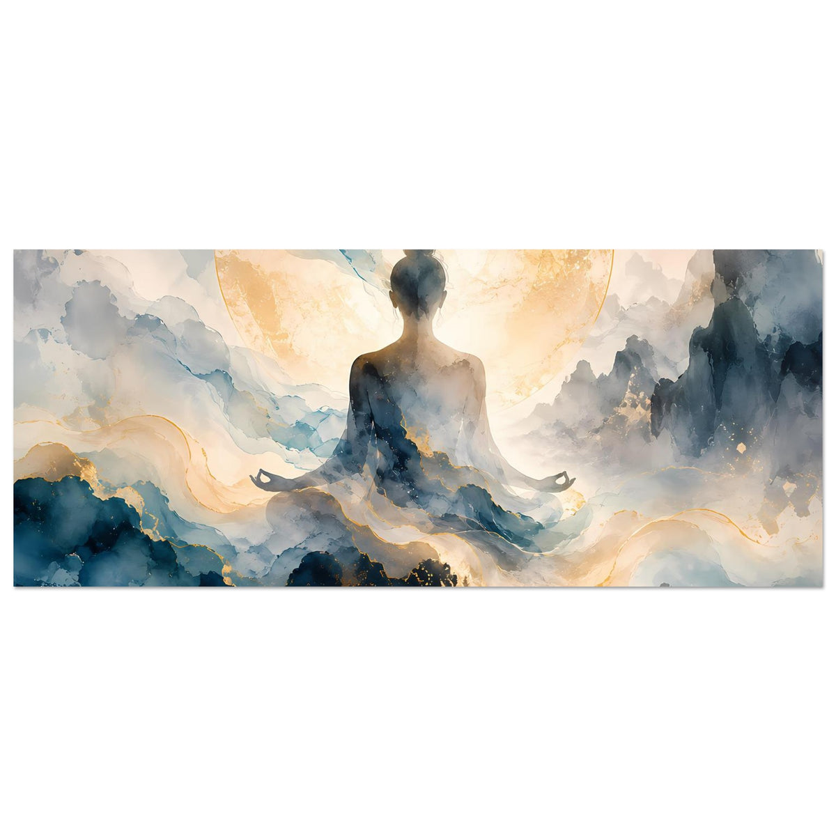 Zen-Poster, Querformat: Meditierende Figur mit goldener Lichtscheibe über Wolken