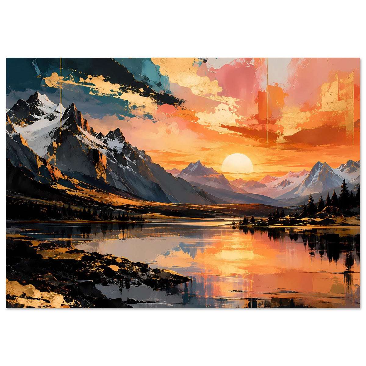 Horizontales Poster mit Berglandschaft bei Sonnenuntergang, Sonne und Spiegelbild im Wasser.