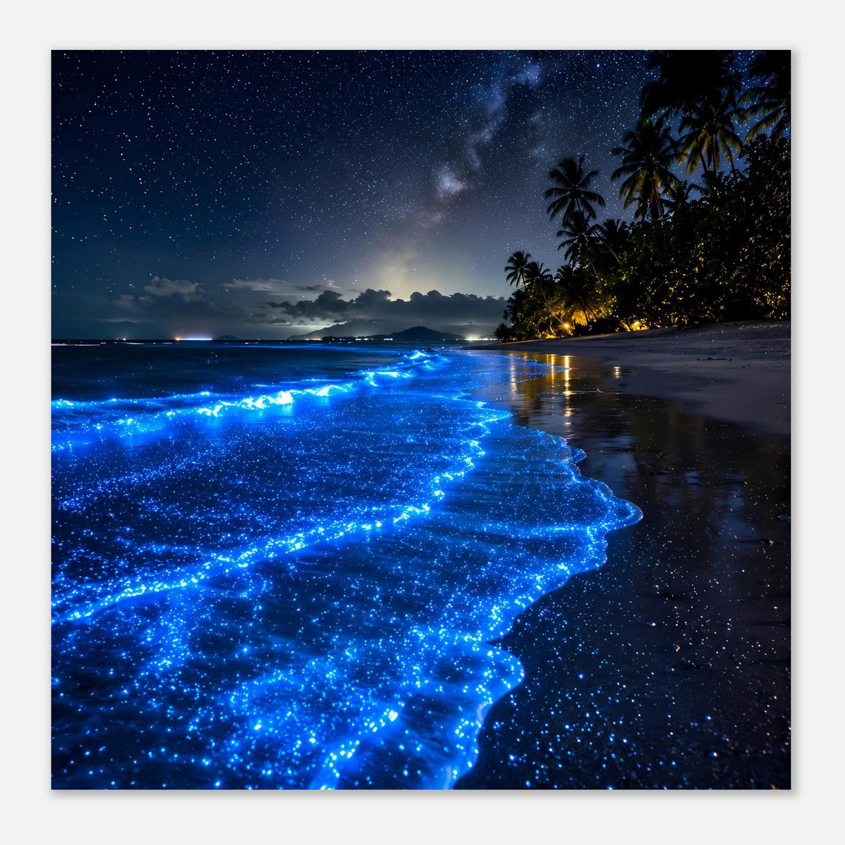 Poster mit leuchtend blauen Meereswellen am tropischen Nachtstrand