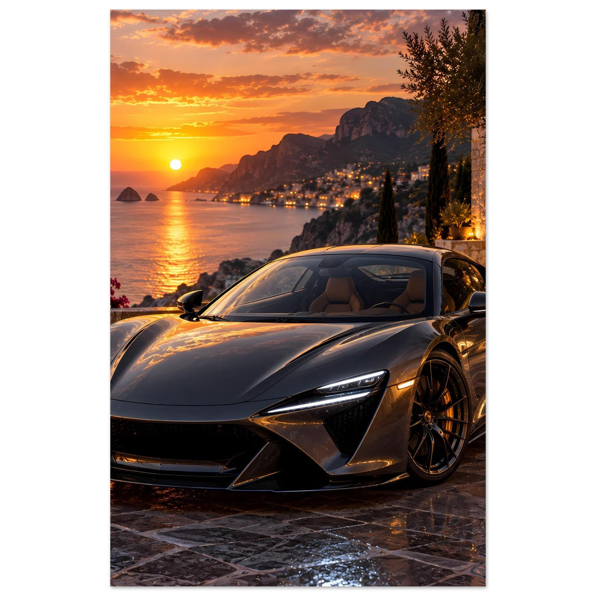 Poster: Sportwagen vorne, vertikaler Ausschnitt mit Sonnenuntergang und Küste