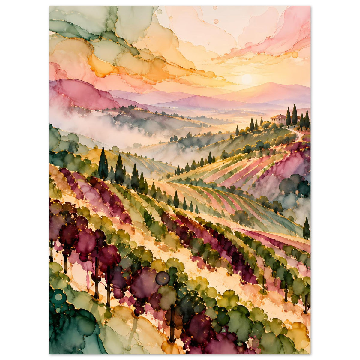 Landschaftsposter: Weinberge mit schimmerndem Himmel, Rebenreihen und kleine Baumgruppen im Vordergrund