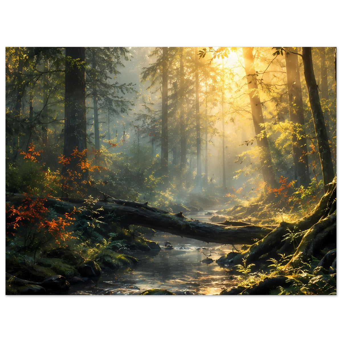 Poster im Querformat: Fluss durch Wald bei goldenem Licht, Felsen, umgestürzter Stamm