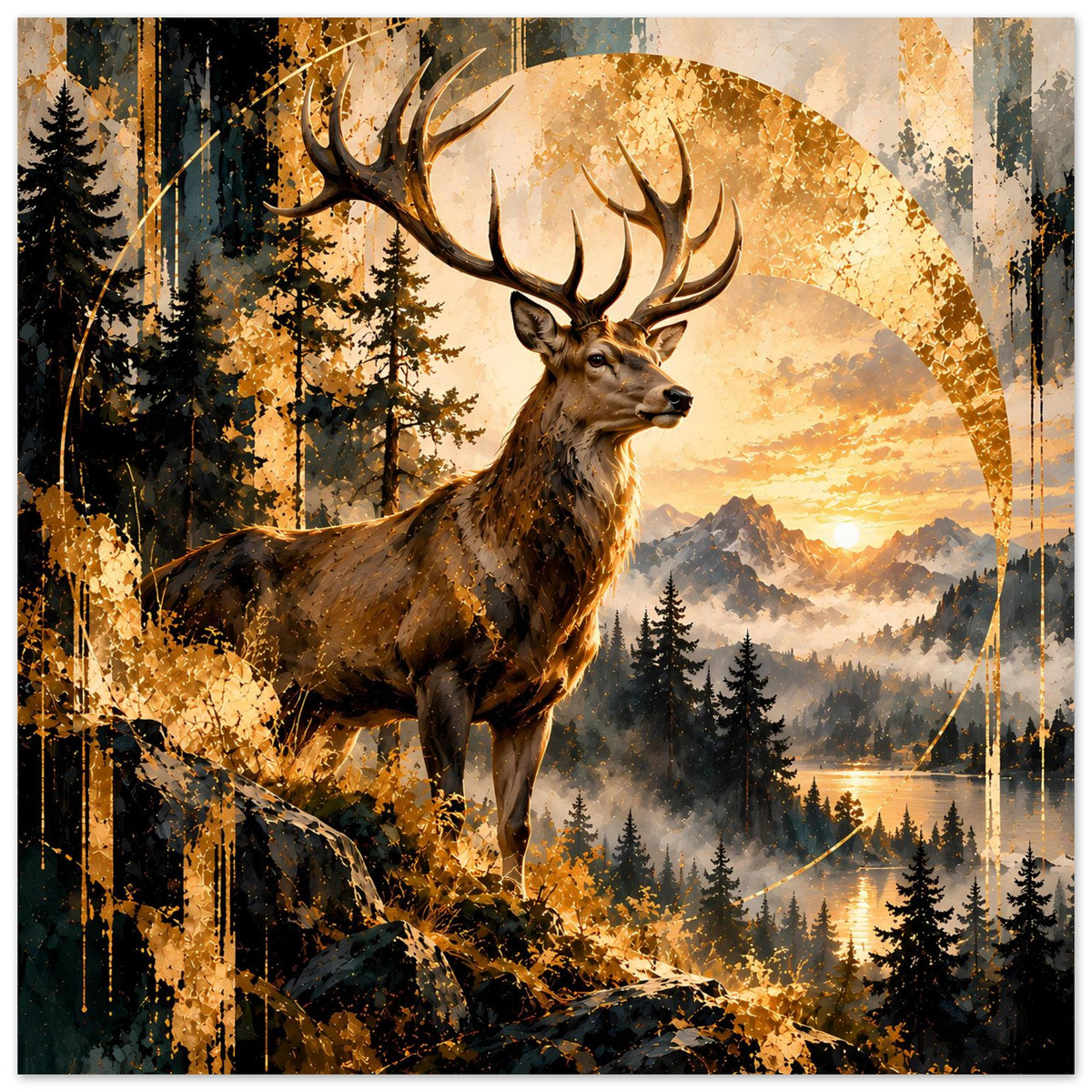 Poster mit Hirsch im Sonnenlicht, Waldszene mit Bergen, Fluss und warmen Farbtönen