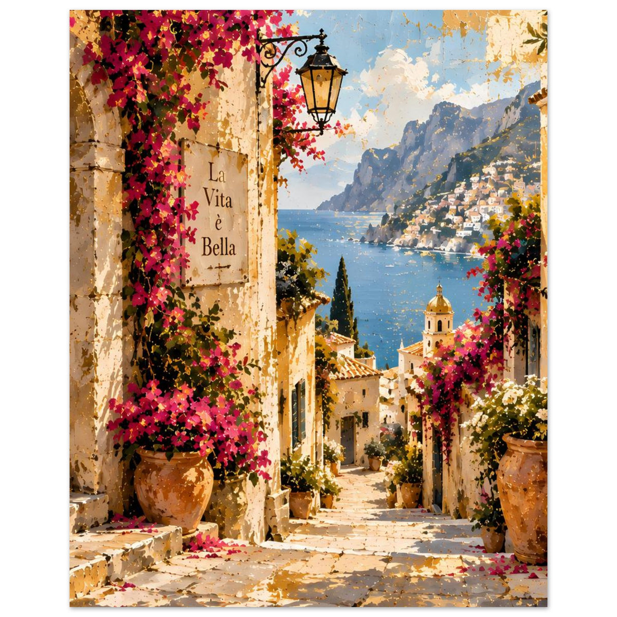 Poster mit sonniger italienischer Gasse, Meer und Bergen
