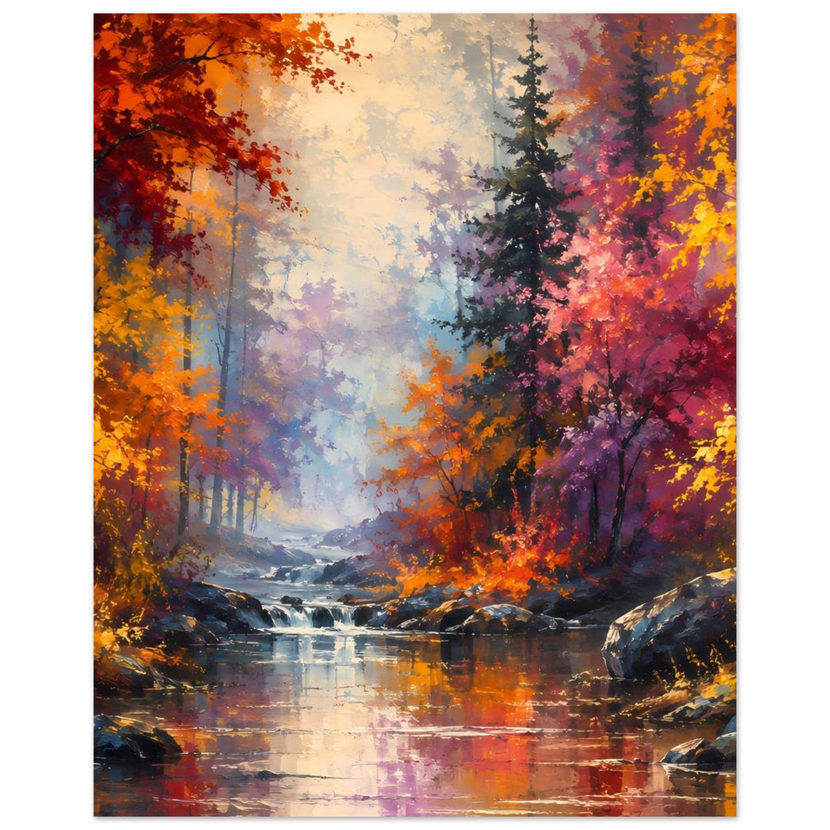Hochkant-Poster mit Herbstwald-Panorama, Fluss mit Spiegelungen und Felsen