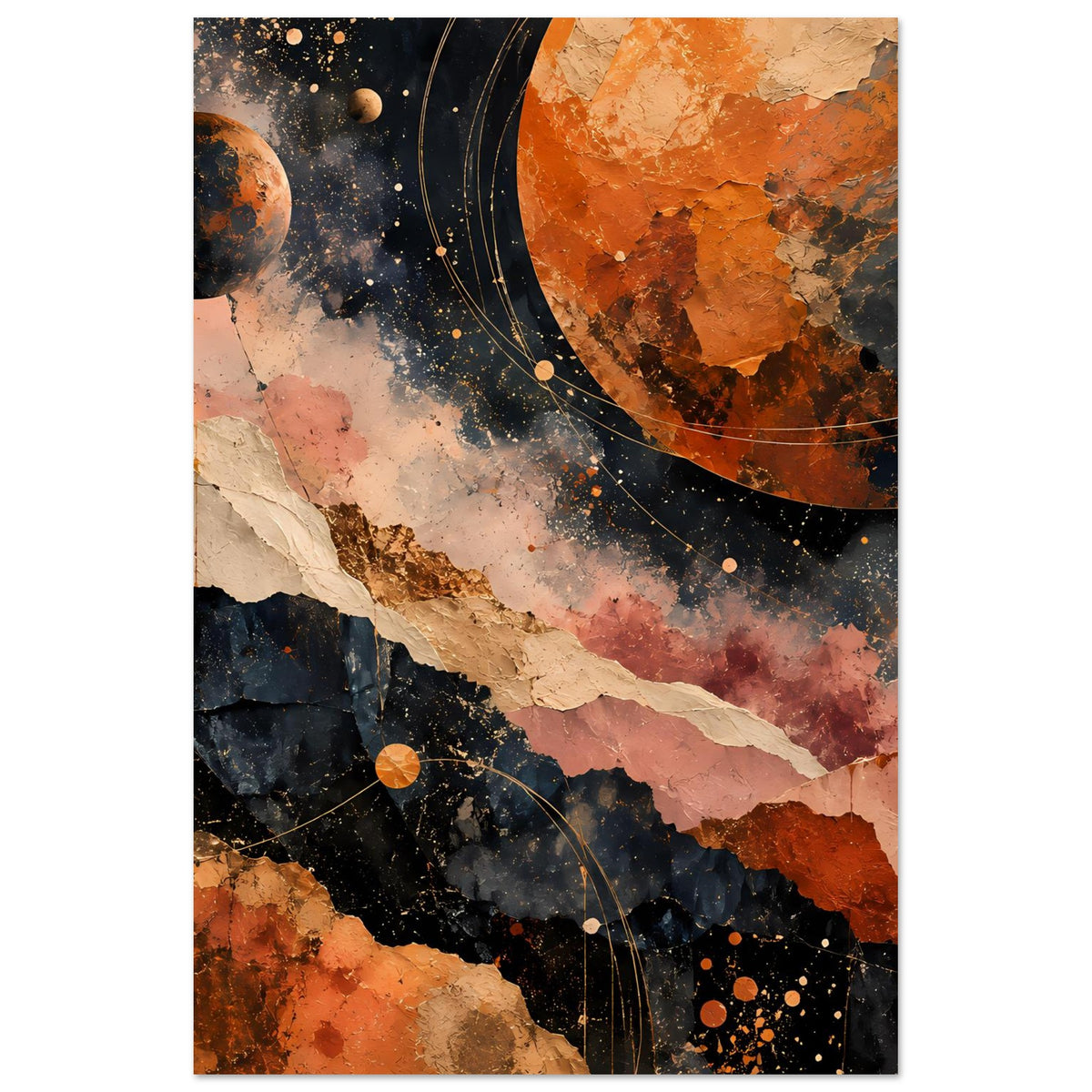 Abstraktes Kosmos-Landschaftsposter (vertikal), warmes Erdton-Design mit Planet und Ringen