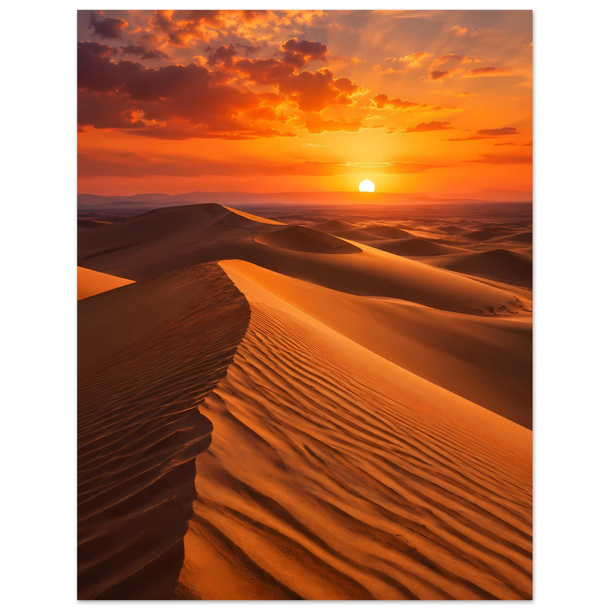 Poster mit Sonnenuntergang über Wüsten-Dünen, goldene Dünenlinien, vertikal