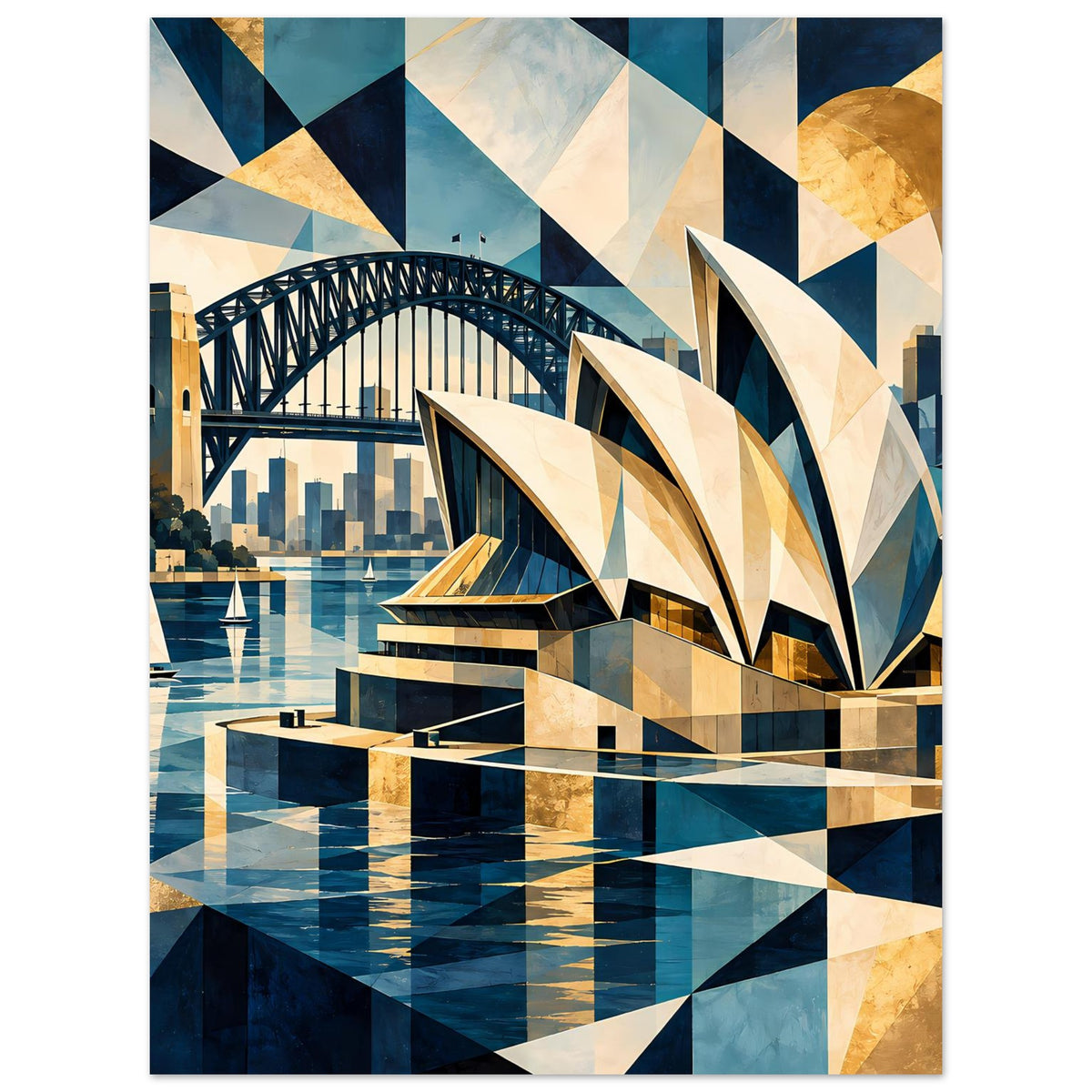 Kunstdruck mit geometrischem Hafenbild: Harbour Bridge, Opernhaus und spiegelnde Wasserflächen