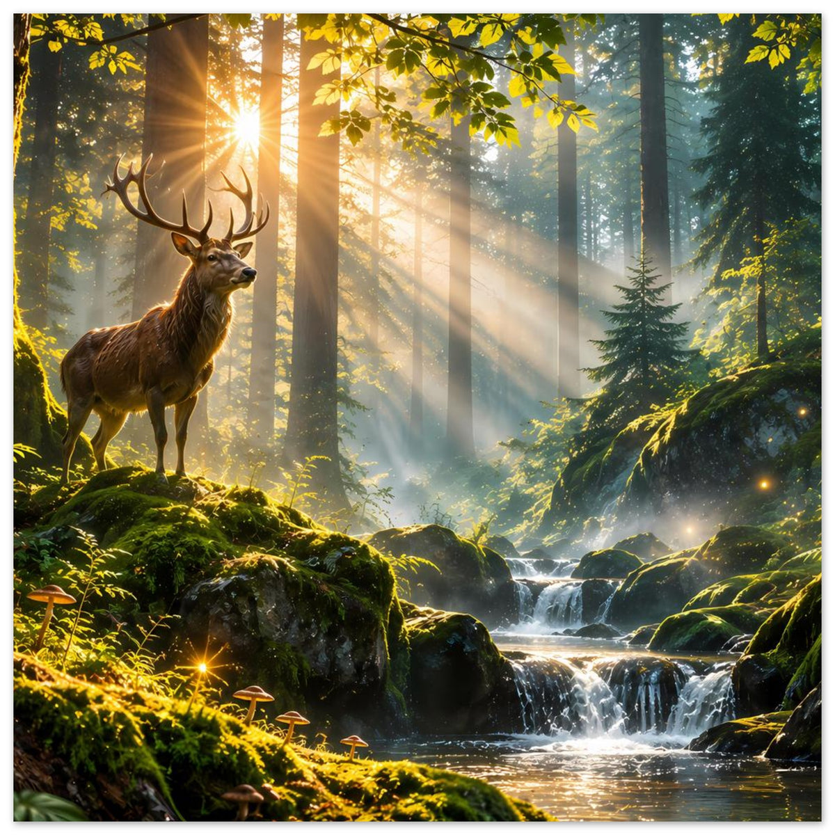 Waldposter: Hirsch vor Baumstamm, Moosfelsen, glitzerndes Wasser und warme Sonnenstrahlen