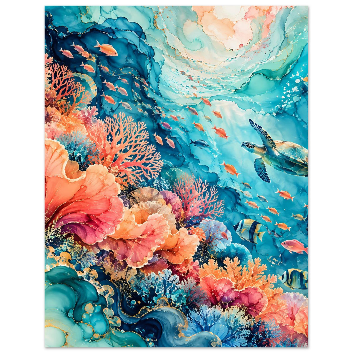 Unterwasserparadies-Poster mit Korallenblüten und mehreren Fischen im blauen Wasser
