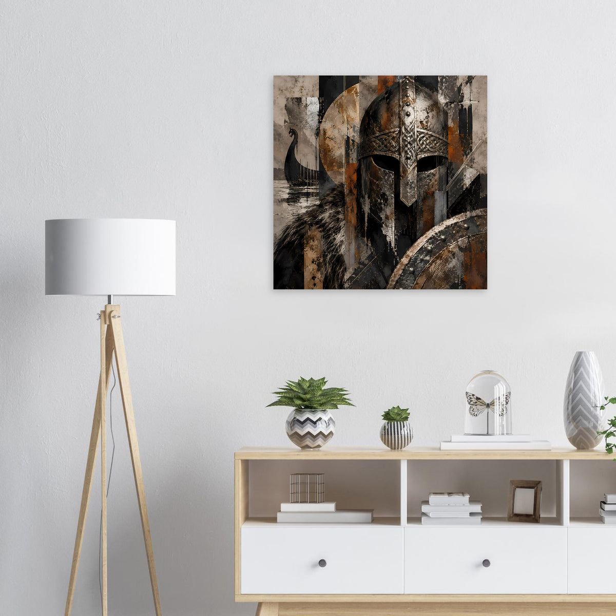 Wiking-Krieger-Poster mit Helm und Schild, Felloptik, in Braun- und Grautönen