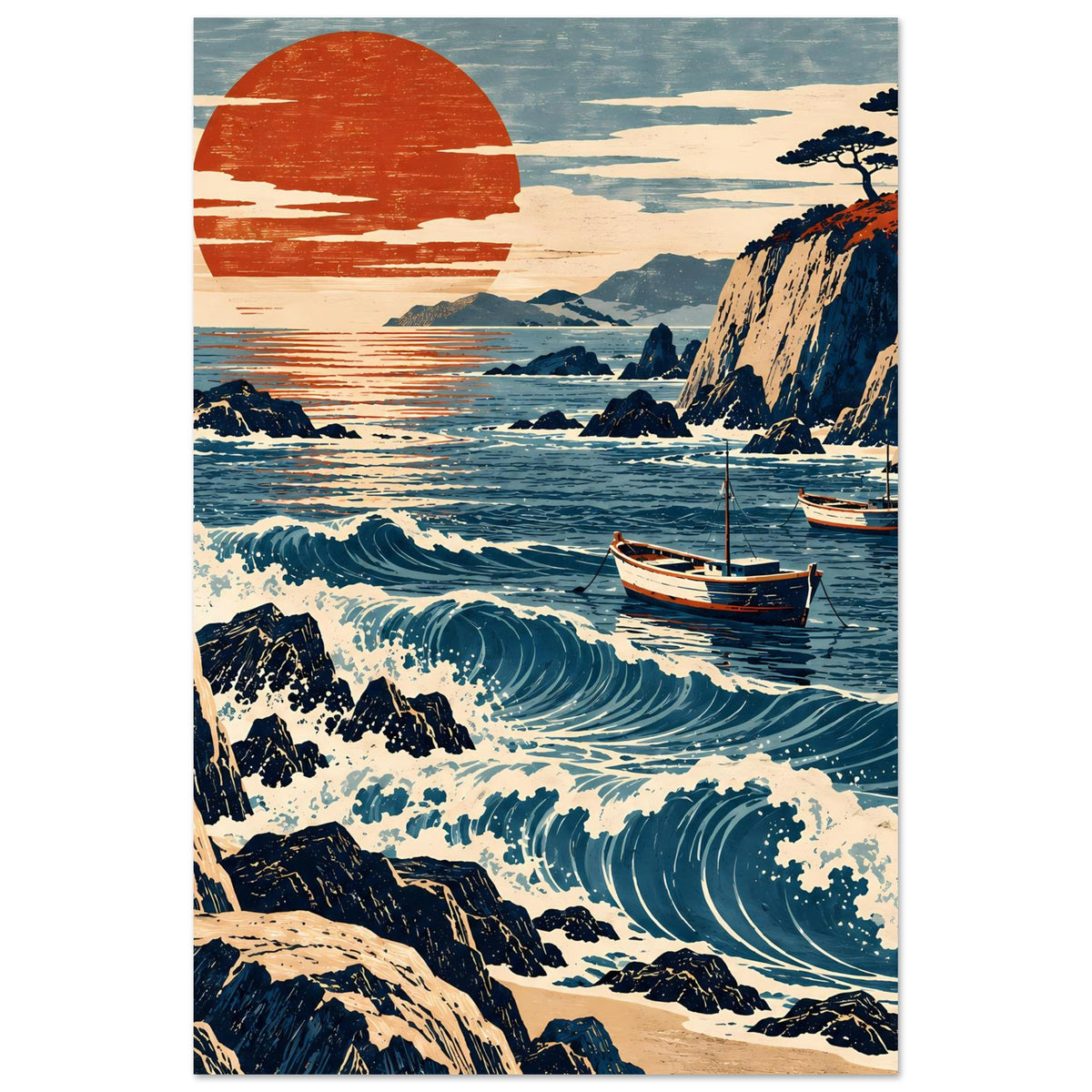Wandposter (hochkant) mit Küstenlandschaft, orangefarbener Sonne, Felsen, Wellen und Booten