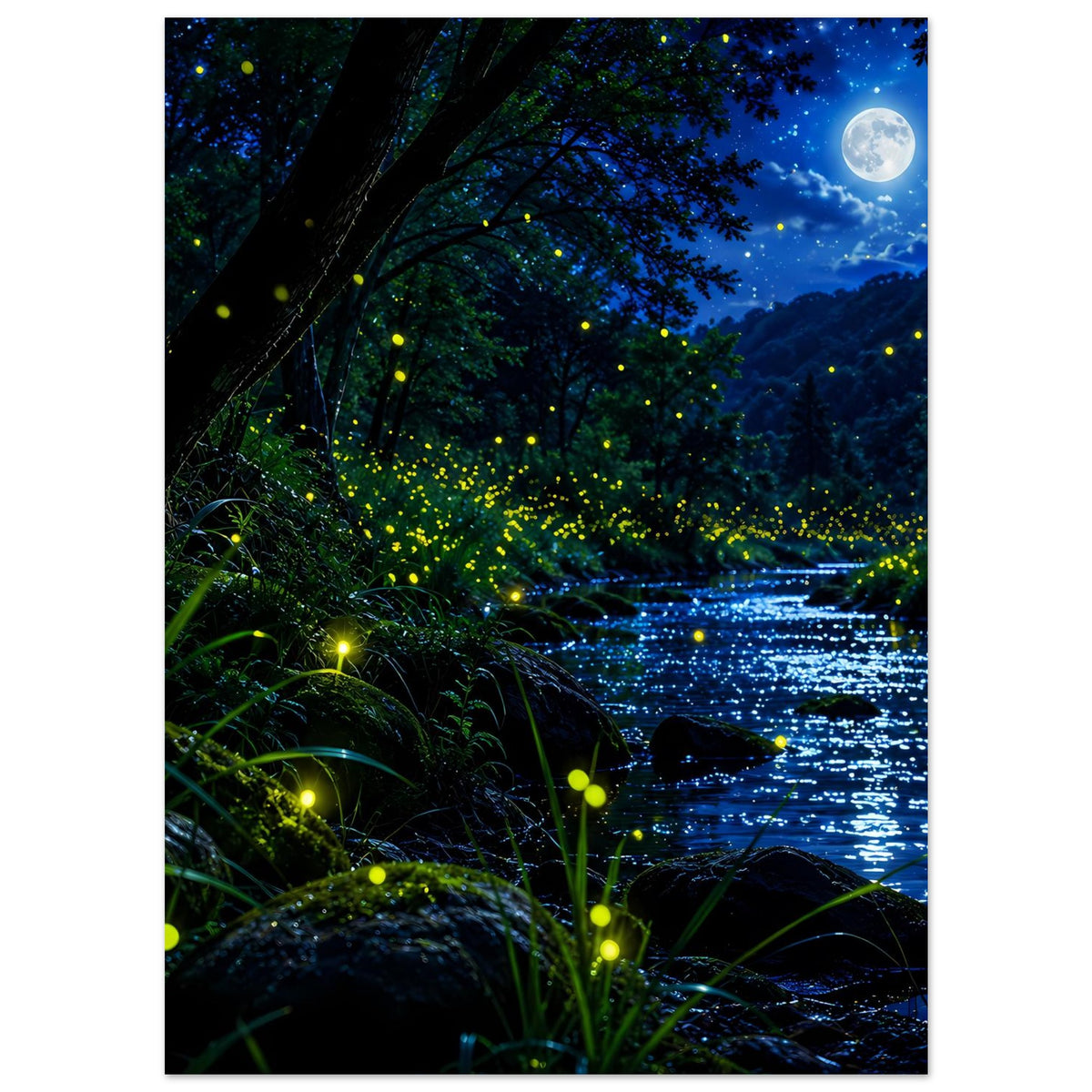 Nachtwald-Poster mit leuchtenden Glühwürmchen im Vordergrund und Fluss im Hintergrund