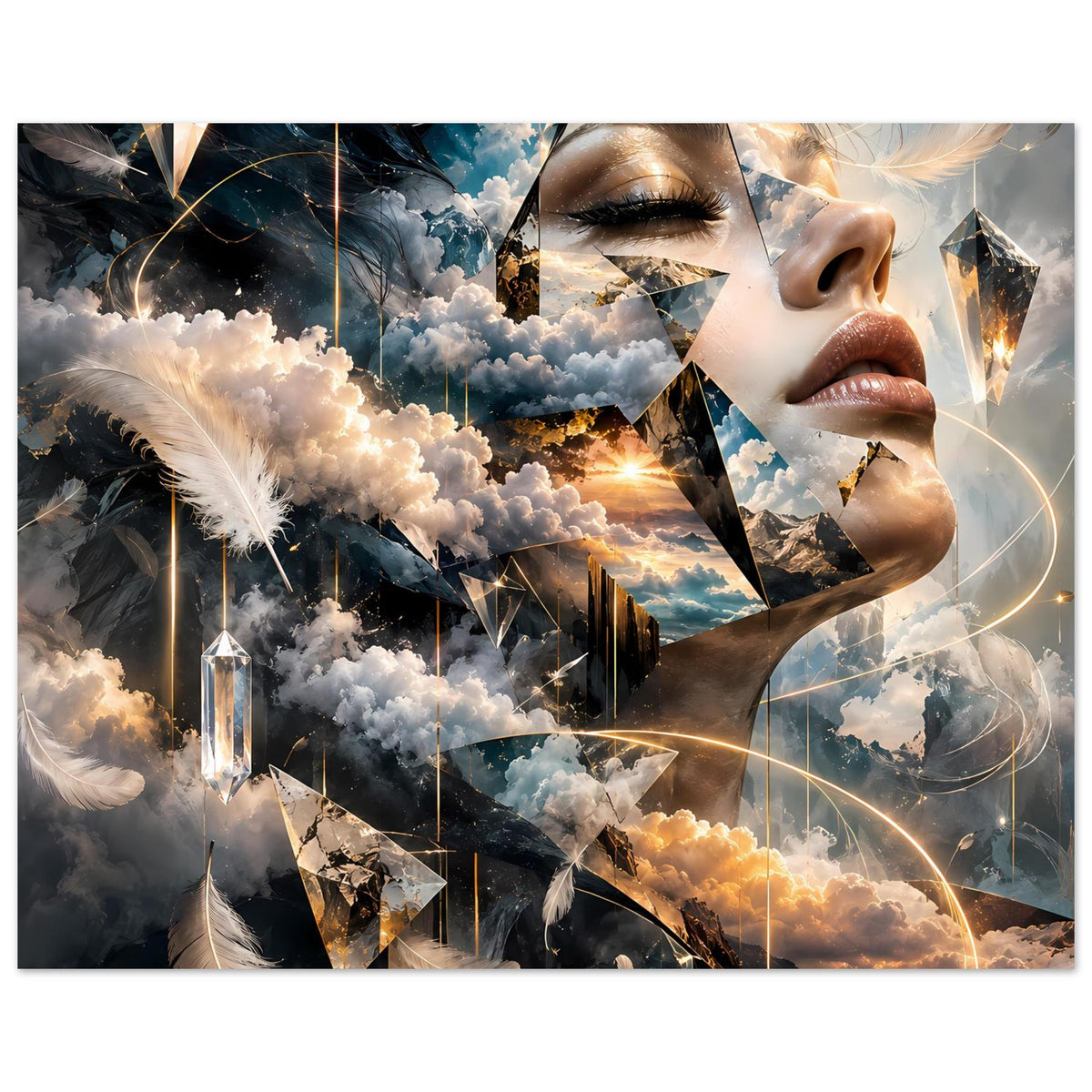 Surrealistisches Poster (Querformat) mit Wolken, leuchtenden Lichtlinien und Frauenprofil