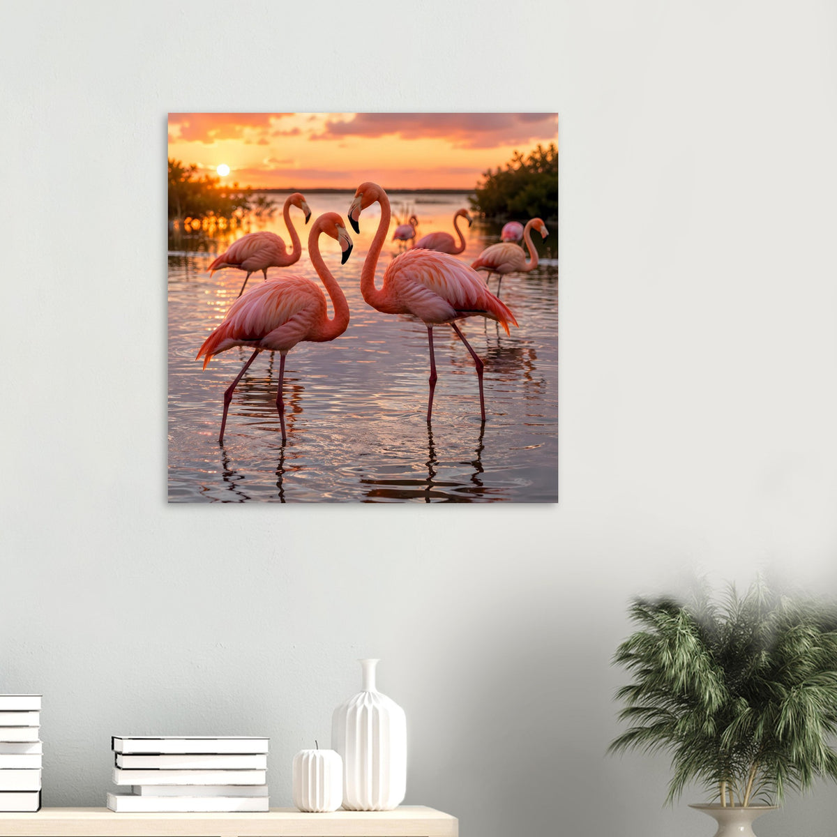 Quadratisches Poster mit Flamingos am Sonnenuntergang, rosa Vögel spiegeln sich im Wasser