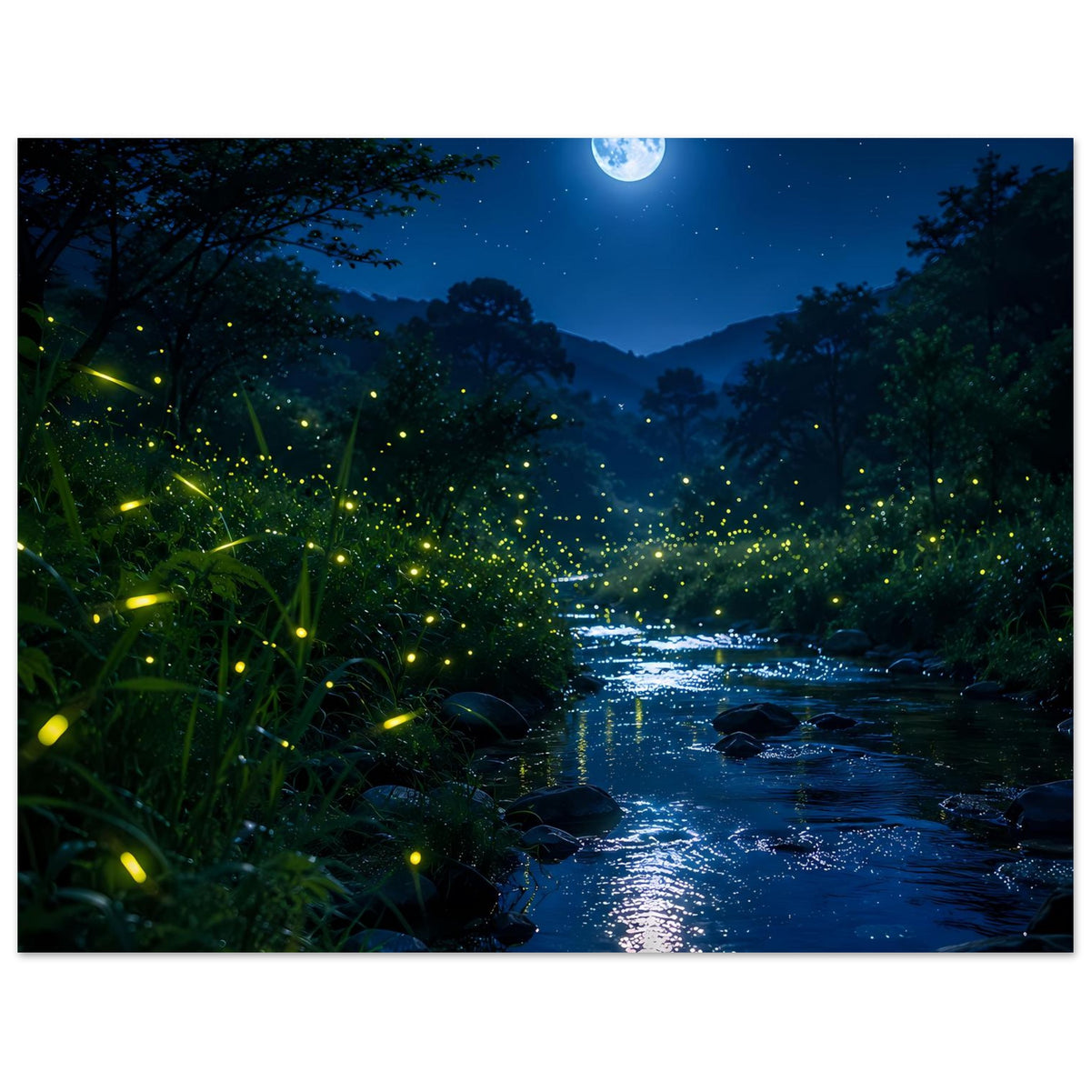Wandposter im Querformat: Mondnacht am Fluss mit glühenden Glühwürmchen im Unterholz