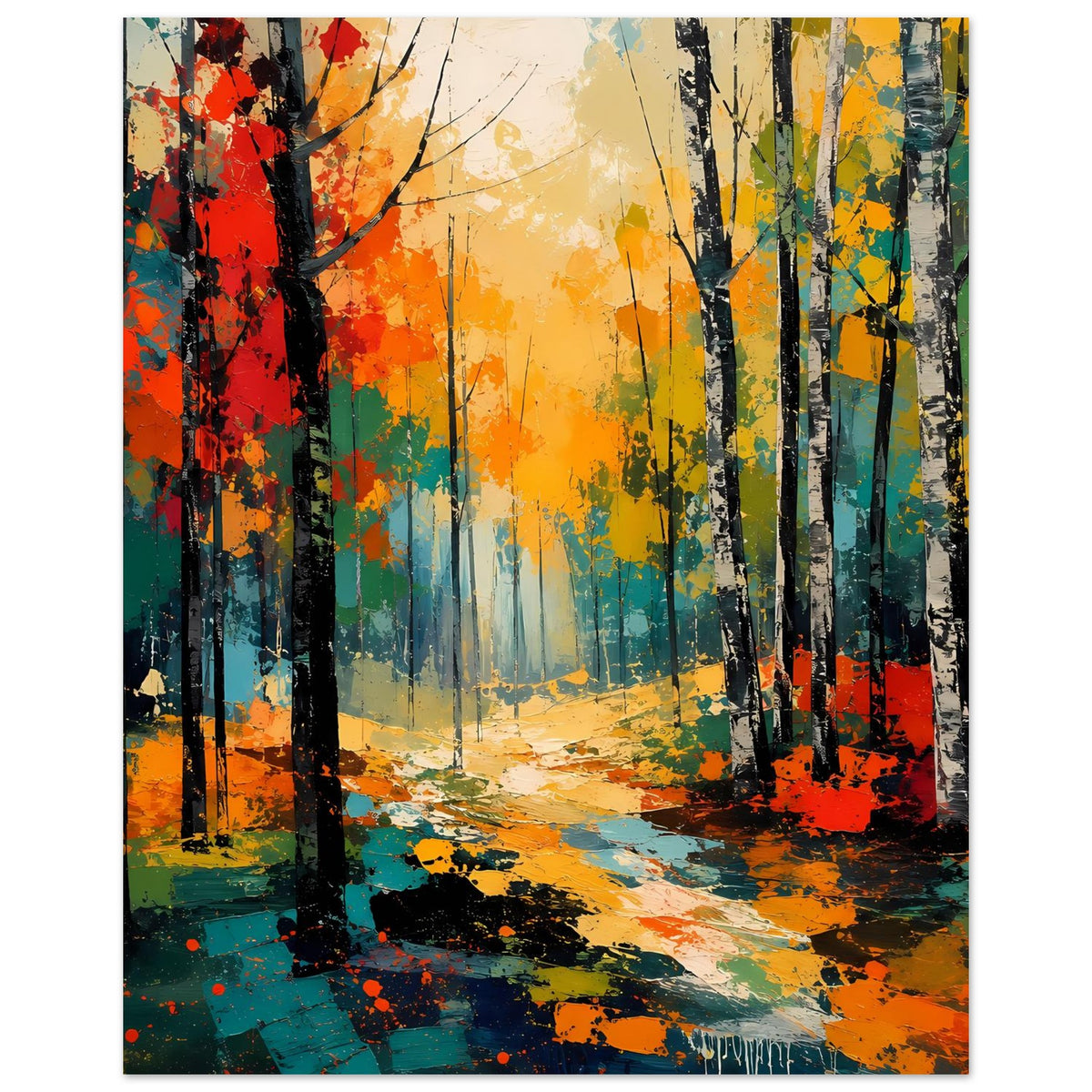 Herbstwald-Poster im Hochformat: dunkle Baumstämme, bunte Farben, gelber Lichtkorridor
