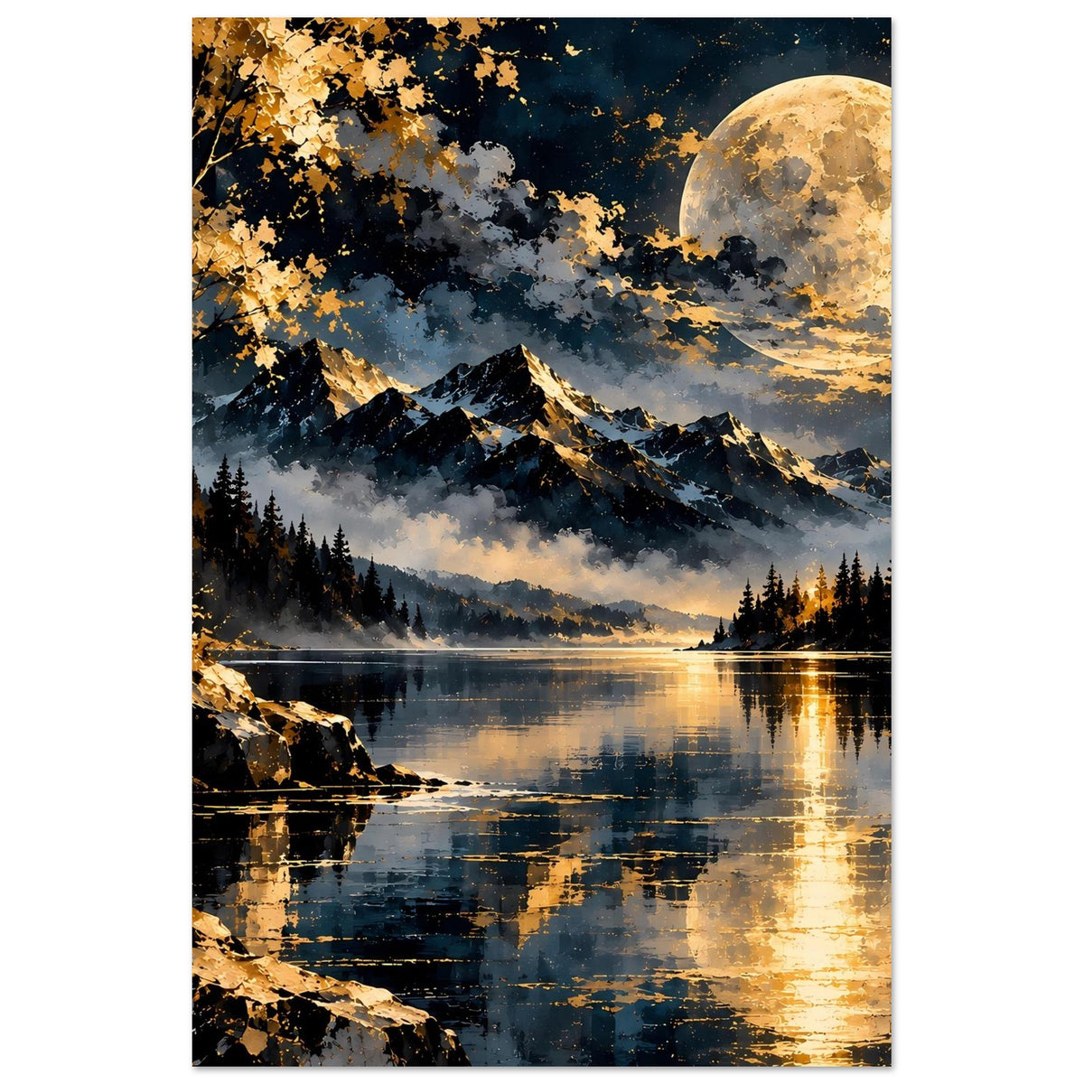 Landschaftsposter im Hochformat mit großem Mond, Bergen, Waldsilhouette und See