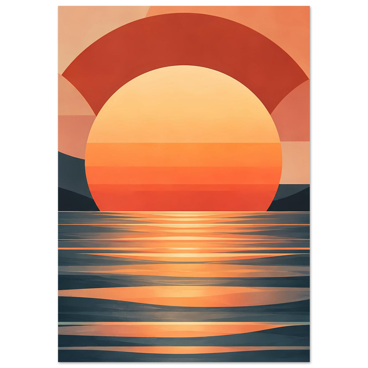 Wandbild-Poster mit Halbkreis-Sonne und Wasseroberfläche: orange-rote Streifen und dunkler Horizont
