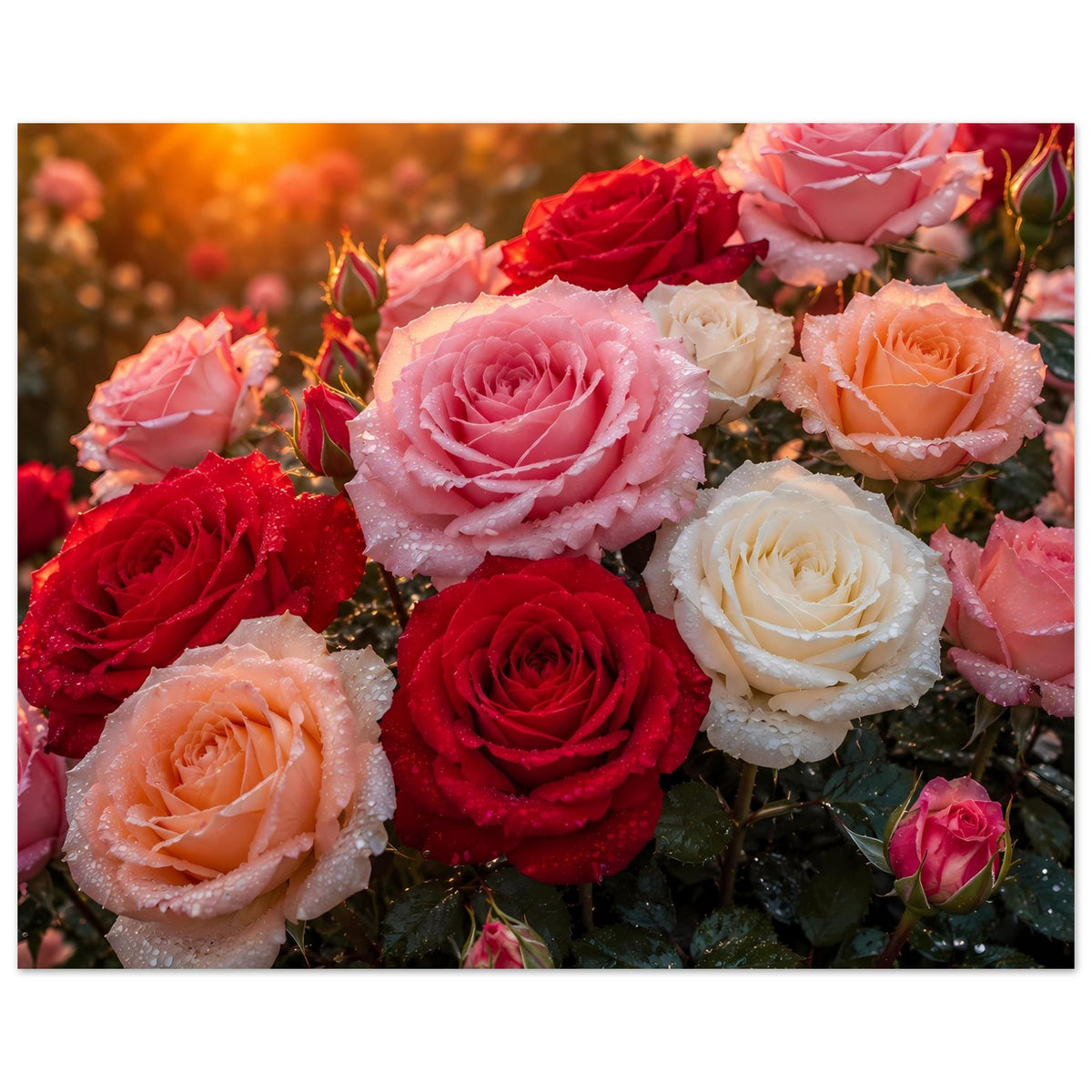 Poster mit Rosenstrauß in Rosa, Rot und Weiß, kompakt arrangiert