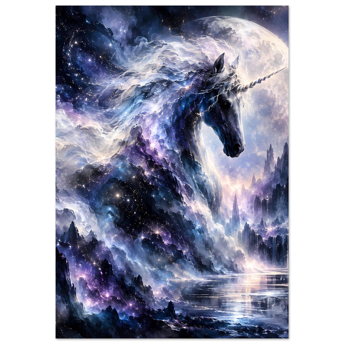 Galaktisches Einhorn-Poster, hochformat: Einhornkopf und Mähne, Sternenraum, Vollmond und Reflektion.