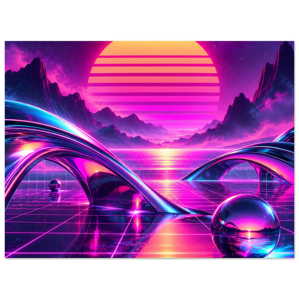 Retro-Science-Fiction-Poster mit großer Kreis-Sonne, Rasterfläche, Lichtbögen und violetter Kugel