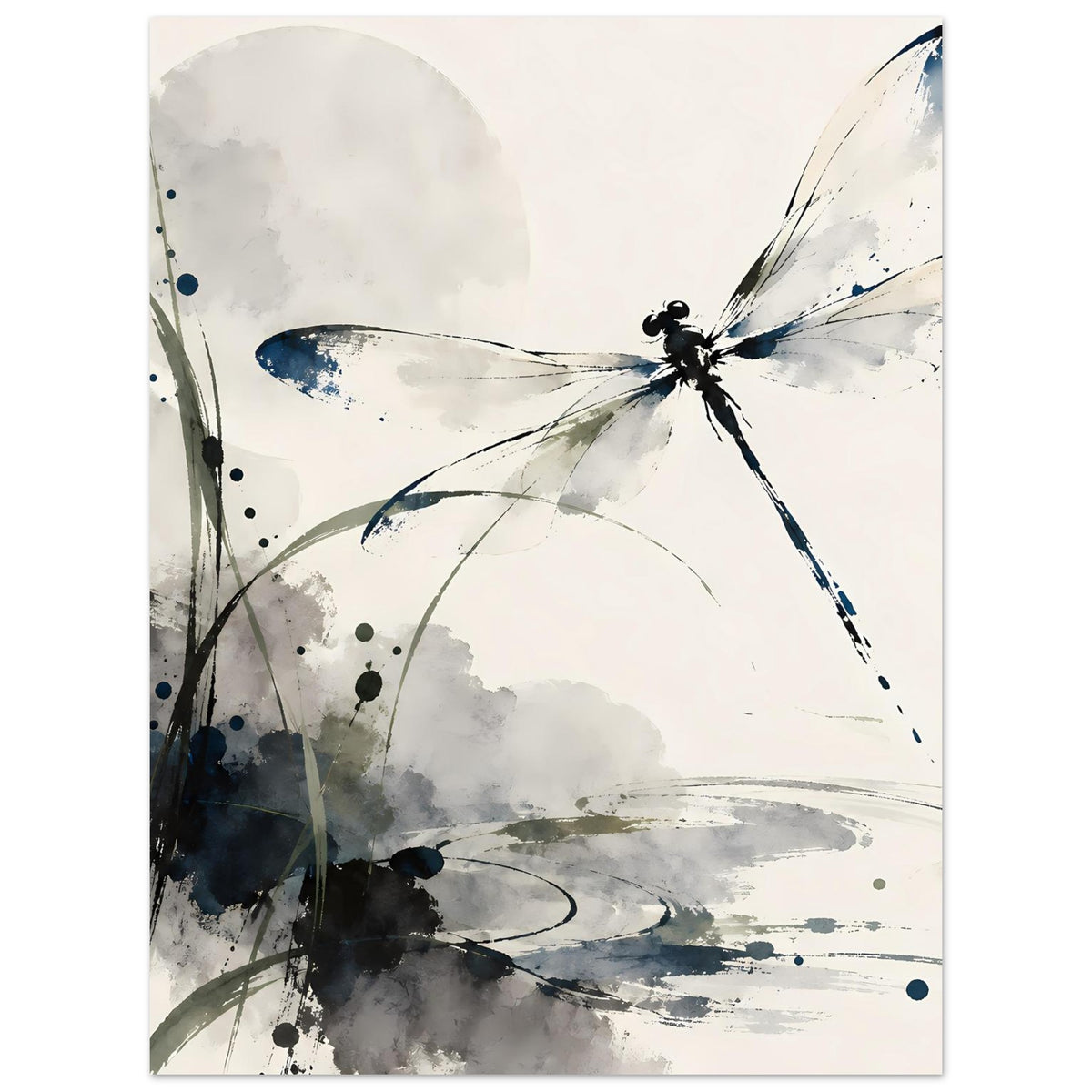 Hochformat-Aquarell-Poster mit Libelle in Blau und Grau, klare Umrisslinien und Farbverläufe.