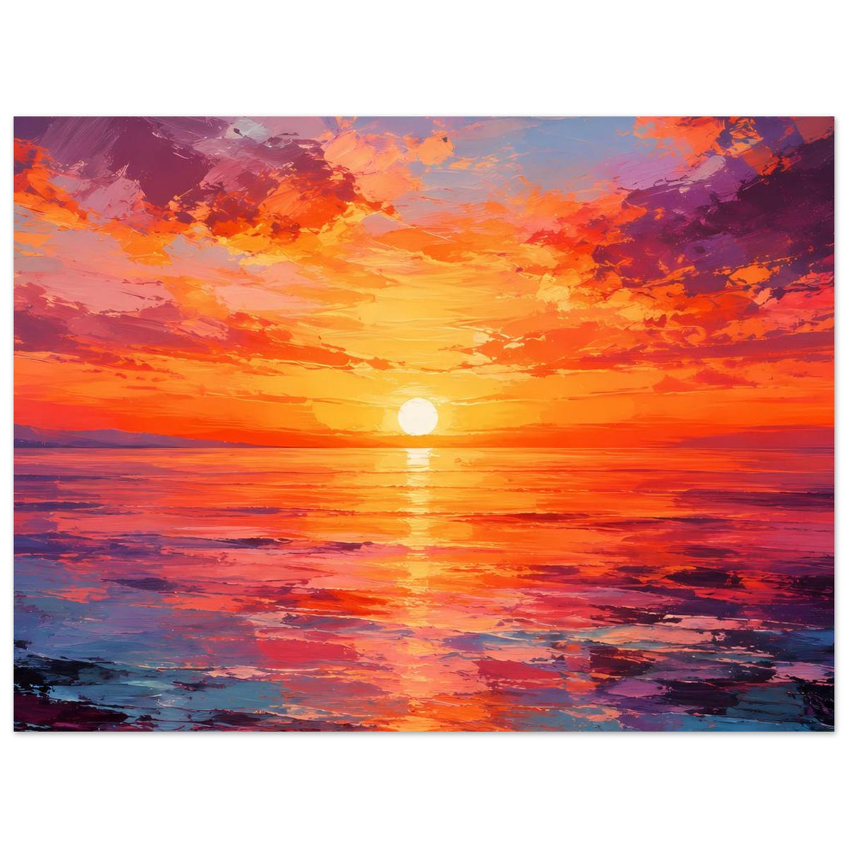 Poster Sonnenuntergang über Meer, leuchtende orange Sonne, violett und blau eingefärbtes Wasser