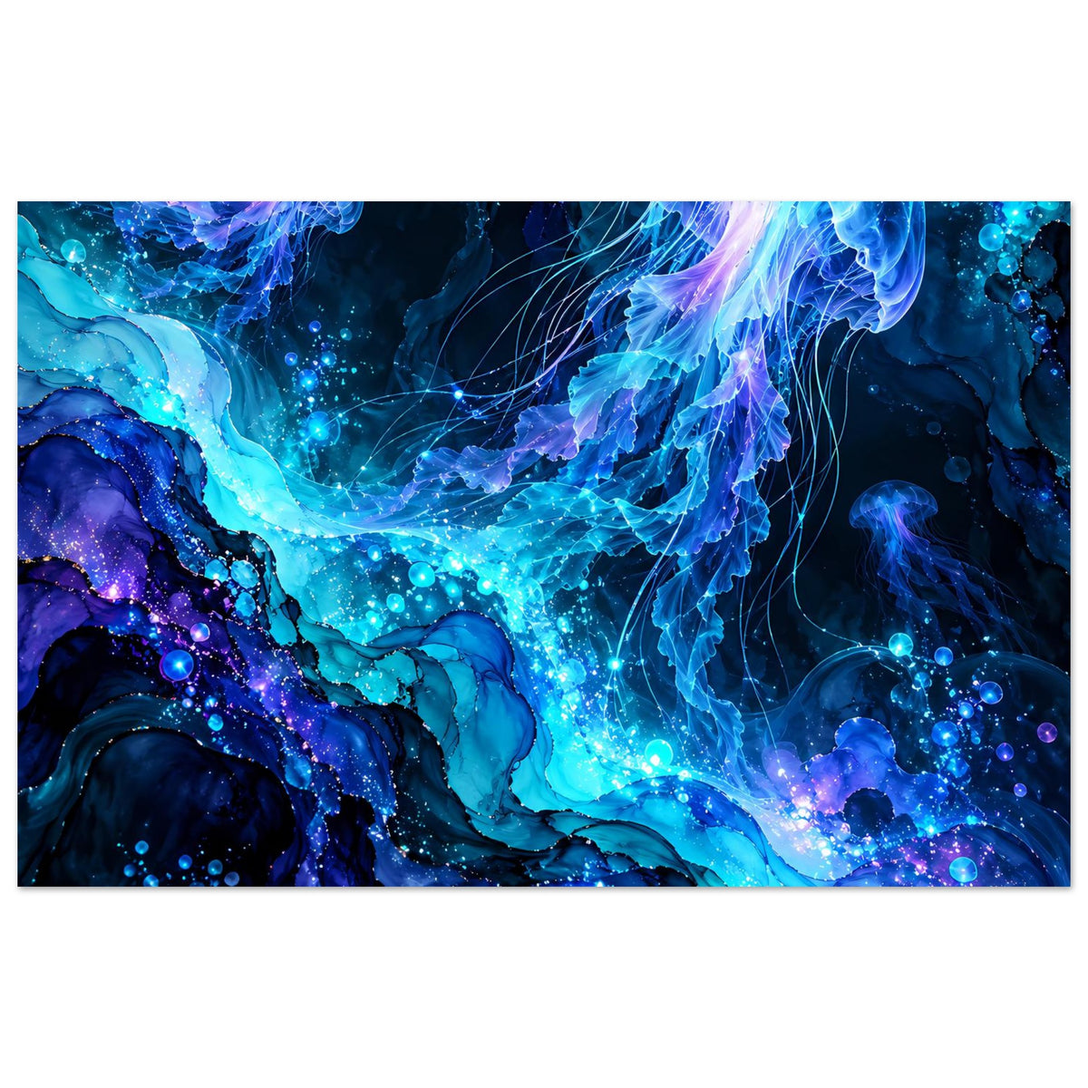 Leuchtendes Quallen-Poster im Querformat mit blauen und violetten Wellen und Lichtpunkten