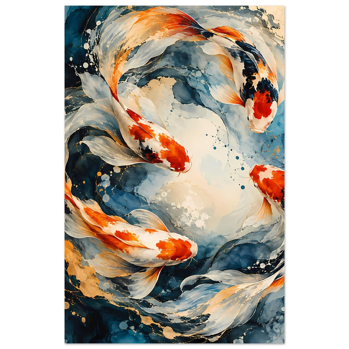 Kunstposter im Hochformat mit Koi-Fischen im Wasserschwirl, Blau und Orange, gerahmt