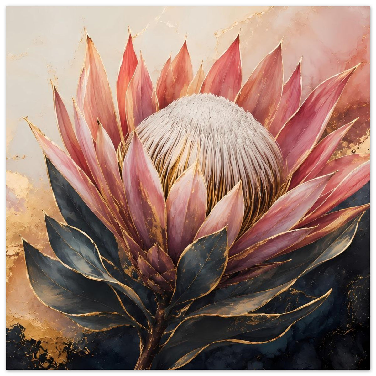 Botanisches Poster mit Königsprotea: weißes Blütenköpfchen, Altrosa- bis Goldschattierungen und dunkles Laub.