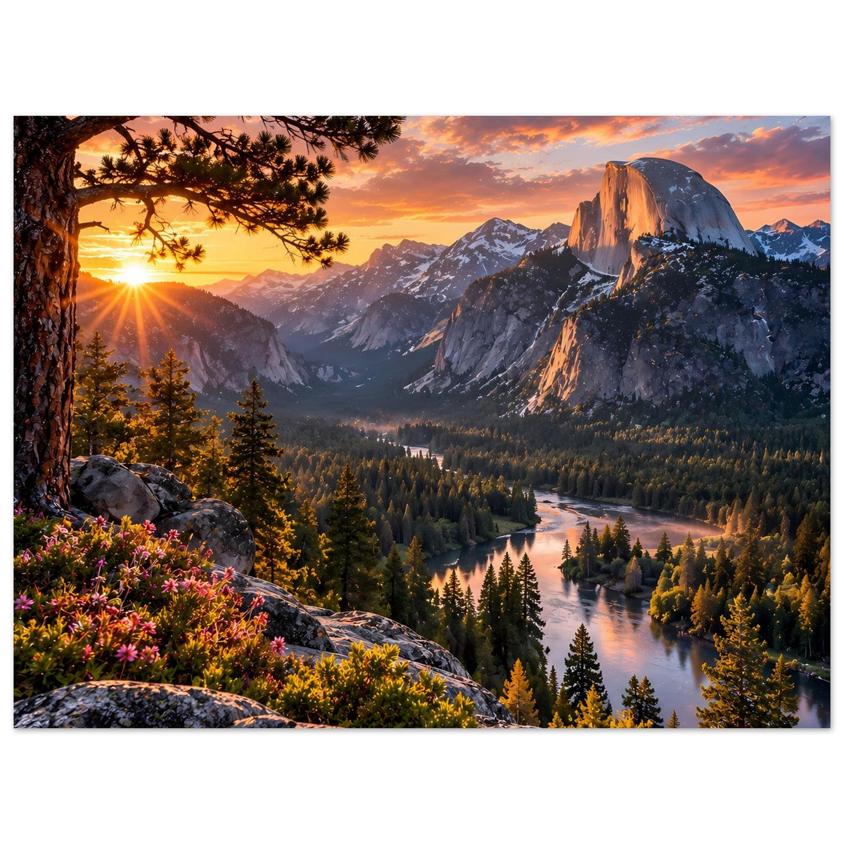 Wandposter im Hochformat mit Sonnenaufgang, Berggipfeln, Tannenwald und Fluss