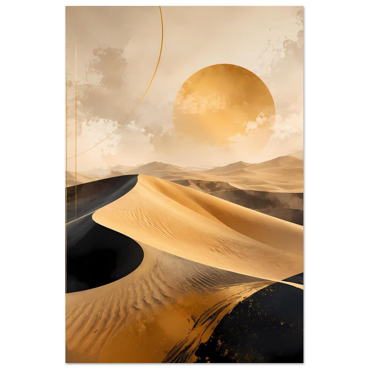 Wüstenposter im Hochformat mit goldener Sanddüne, schwarzer Sandfläche und Sonnenscheibe