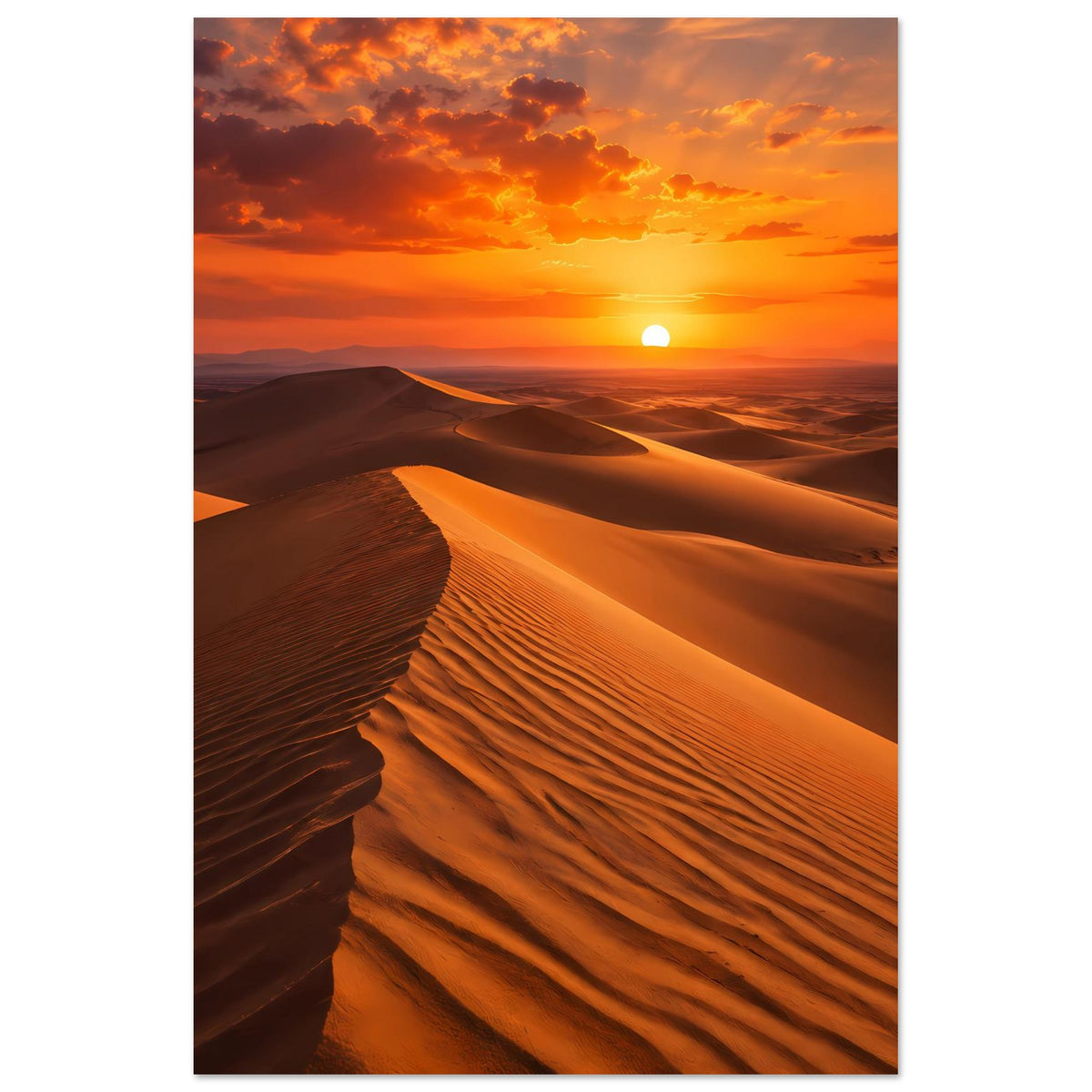Hochformat-Poster mit Dünenkämmen, orange Wolken und helle Sonne am Horizont