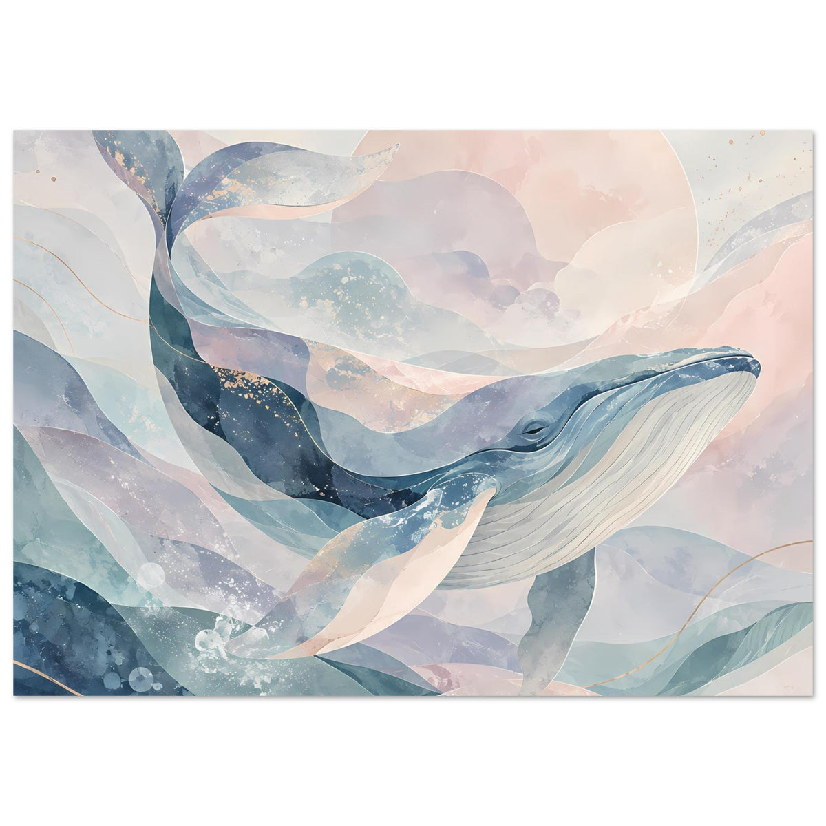 Wal-Kunstposter mit abstraktem Wal in Blau- und Pastelltönen, horizontal