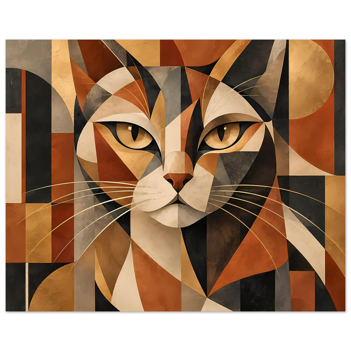 Gerahmtes Poster mit geometrischem Katzenkopf, warmes Farbspektrum, schwarze Akzente