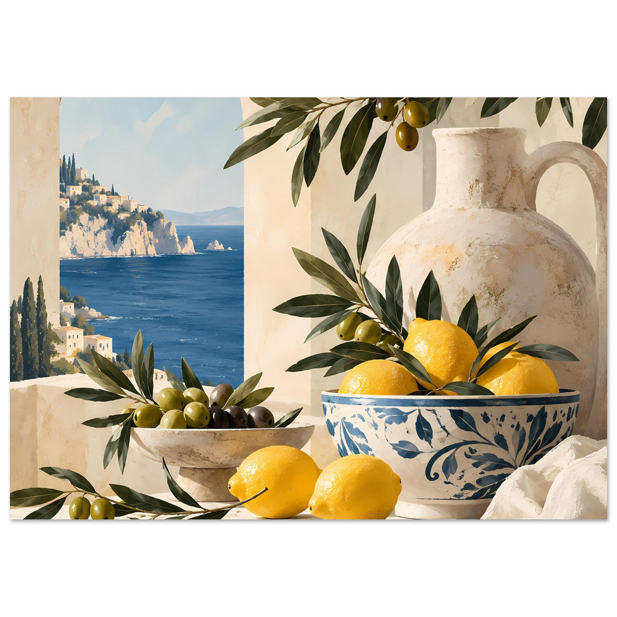 Mediterranes Poster im Panoramaformat mit Zitronen, Oliven und Olivenzweigen
