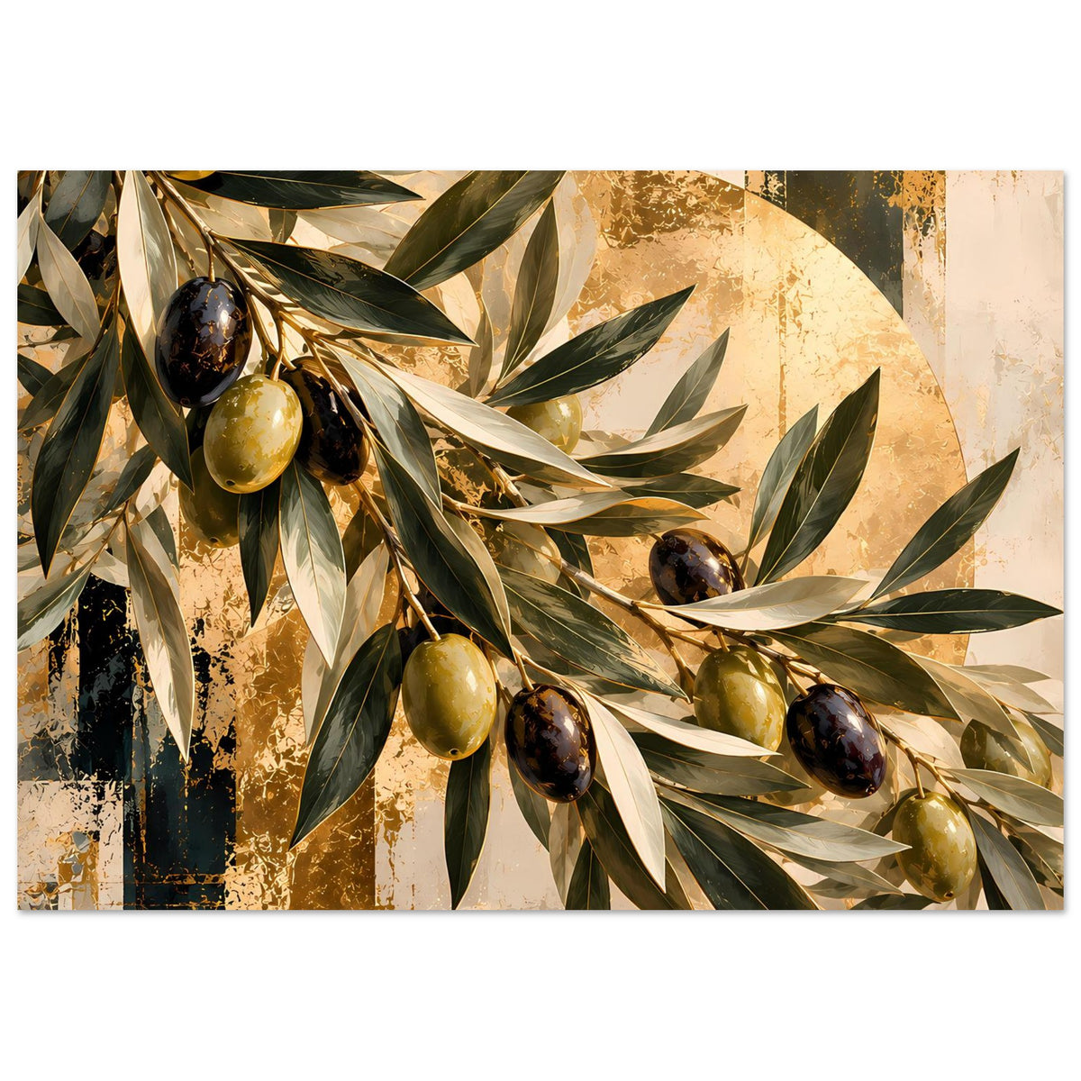 Botanisches Kunstposter mit Olivenzweigen: grüne Blätter und goldene sowie schwarze Oliven