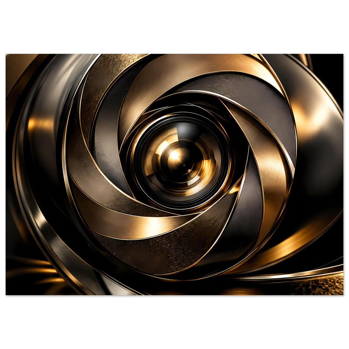 Abstraktes Poster mit goldener Spirale in scharfem Zentrum und dunklen Ringverläufen