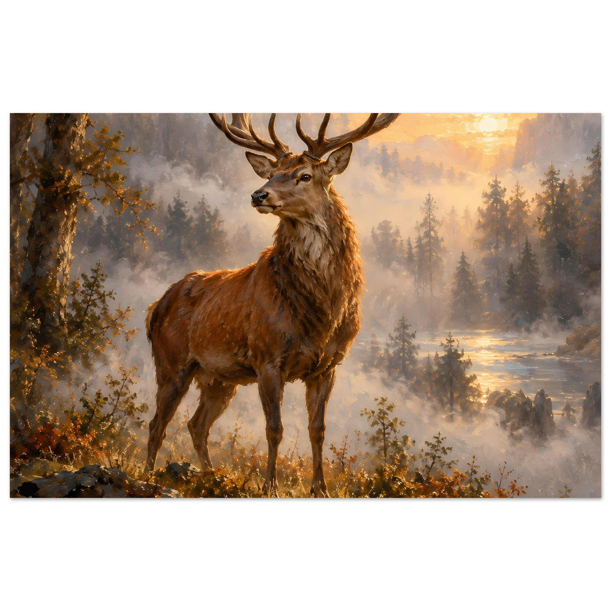 Majestic-Stag-Poster: brauner Hirsch mit großem Geweih, Landschaft mit Nebel und Wald