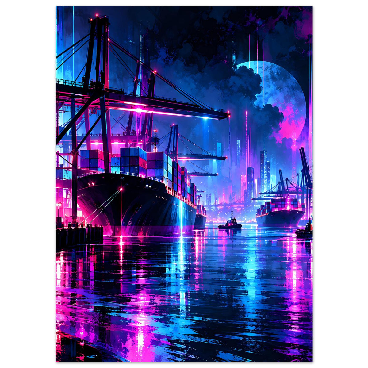Hochformat-Poster Neon-Hafen-Nachtlandschaft: Brücke, Werftanlagen, Schiffe und spiegelndes Wasser