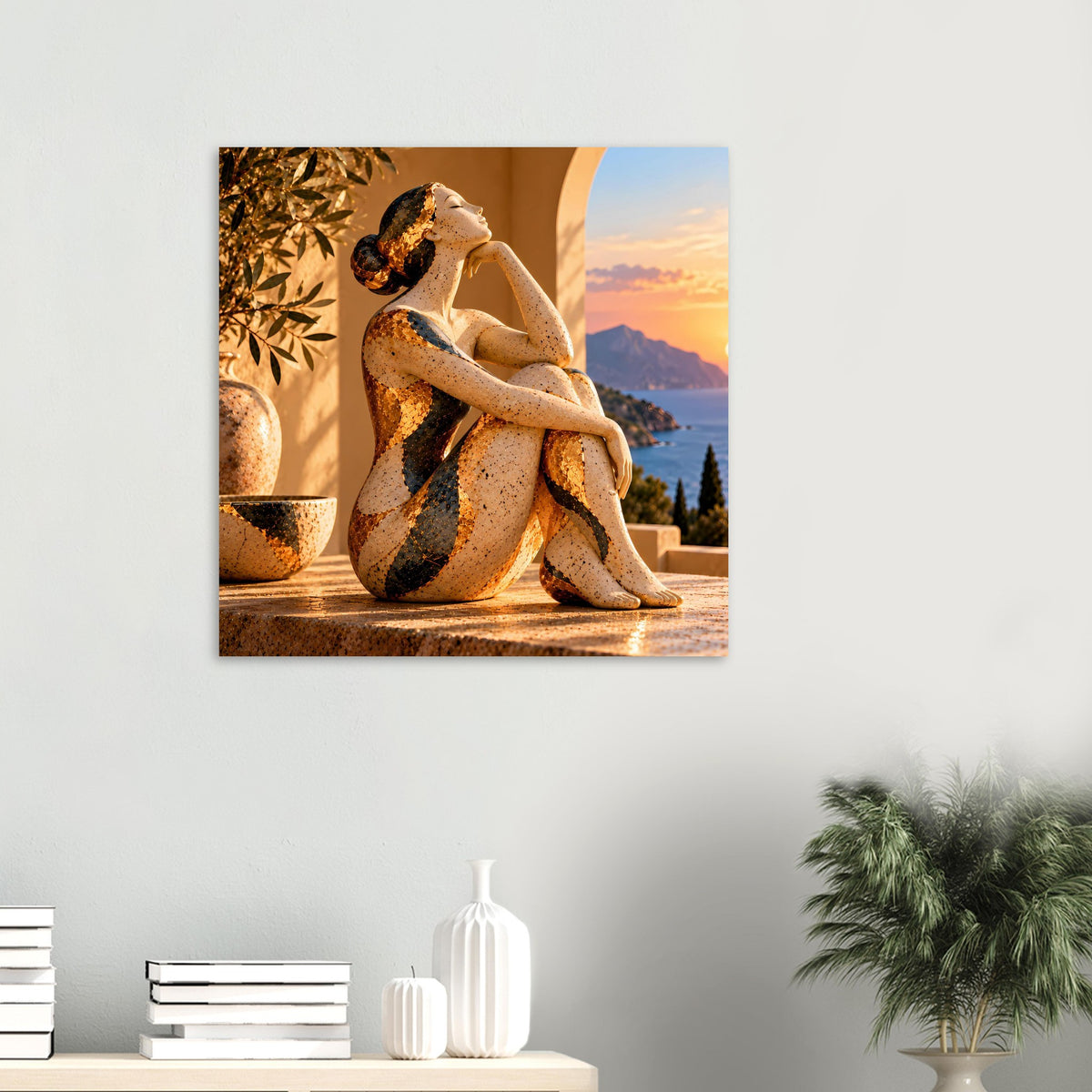 Poster mit sitzender Frauenskulptur, braun-goldene Ornamente, Meerblick und Berge