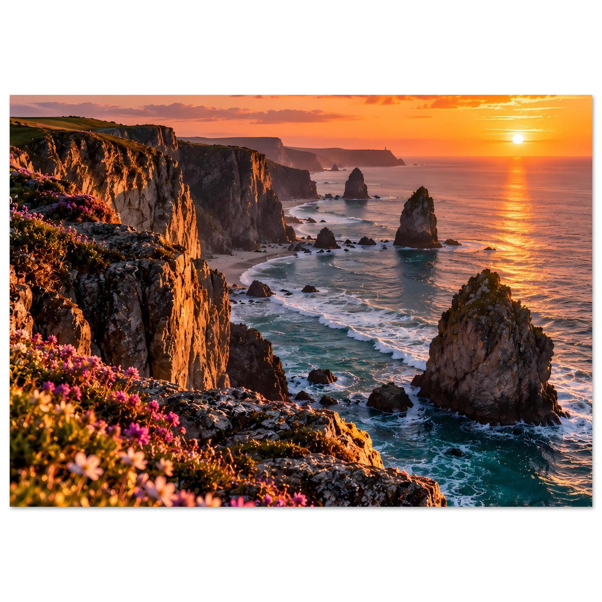 Poster mit Küstenlinie und Sonnenuntergang, horizontale Ansicht
