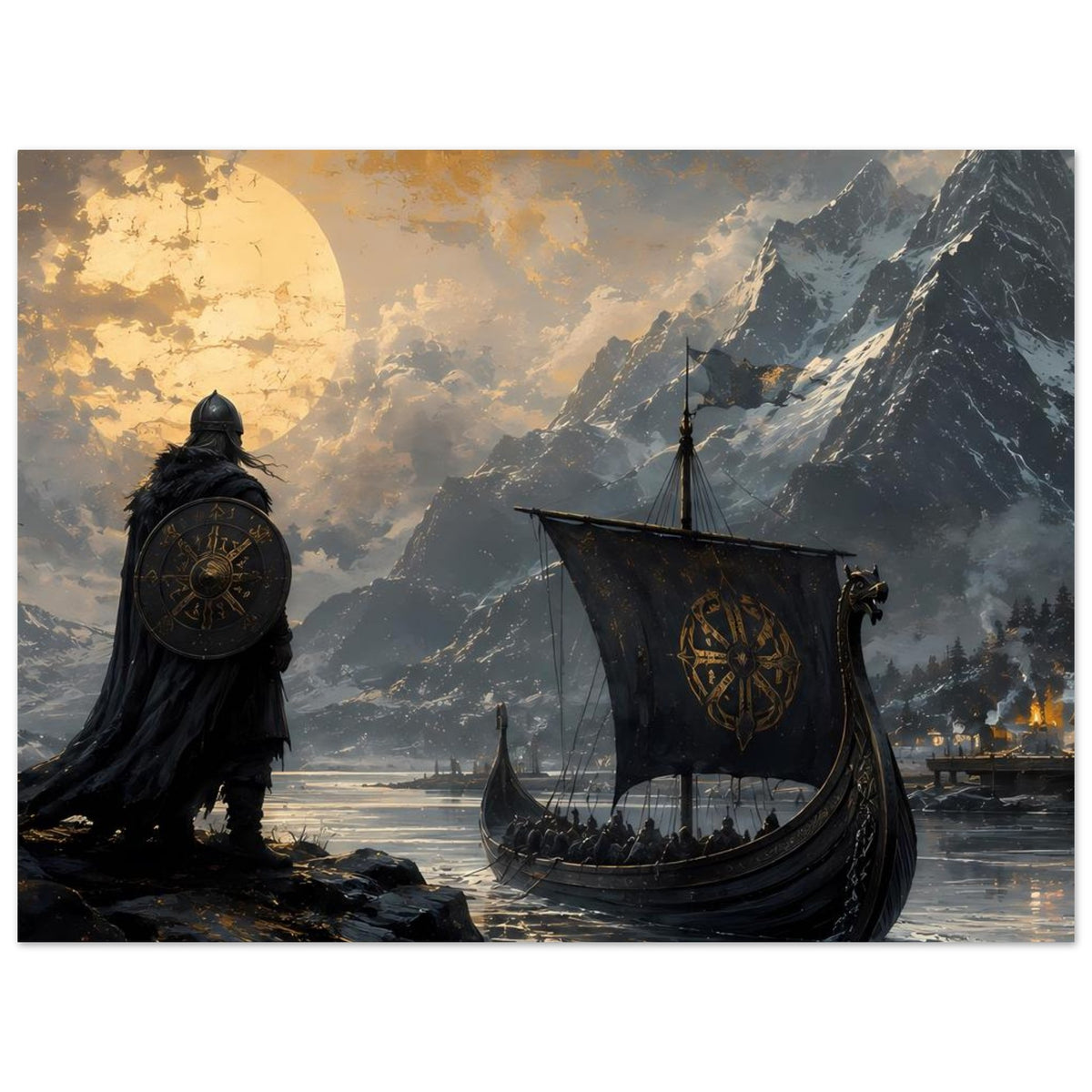 Poster mit Wikingerkrieger, rundem Schild und Drachenboot vor Bergkulisse