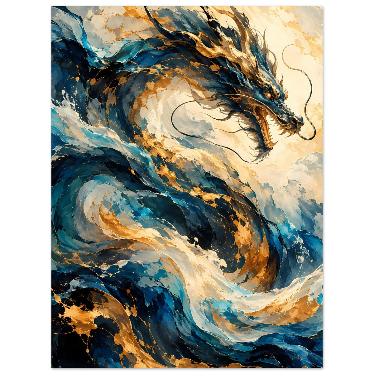 Fantasy-Poster: Drache mit blauem Körper und goldenen Details, kraftvolle Bewegung