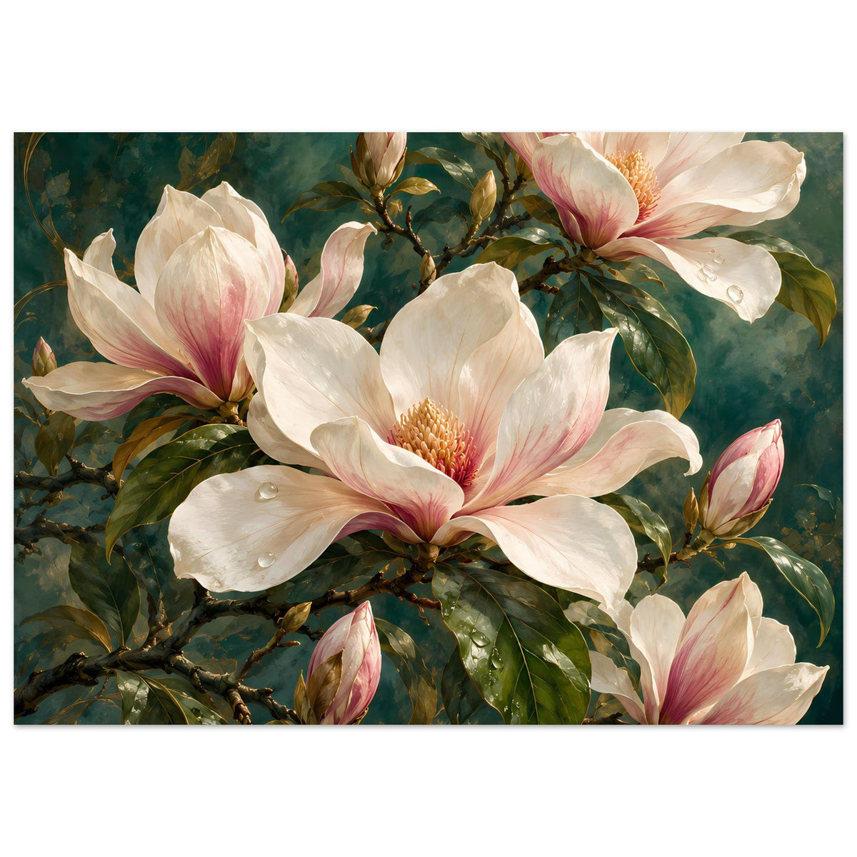 Magnolienblüten-Poster, mittiger Ausschnitt mit cremefarbenen Blüten und rosa Staubfäden