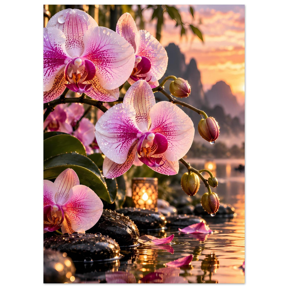 Poster mit rosa Orchideen an Kerzenhaltern und Blüten im ruhigen See
